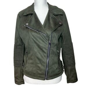 NWOT Women's YMI Olive Faux Suede Moto‎ Biker Jacket SZ M Zipper Ribbed Detail